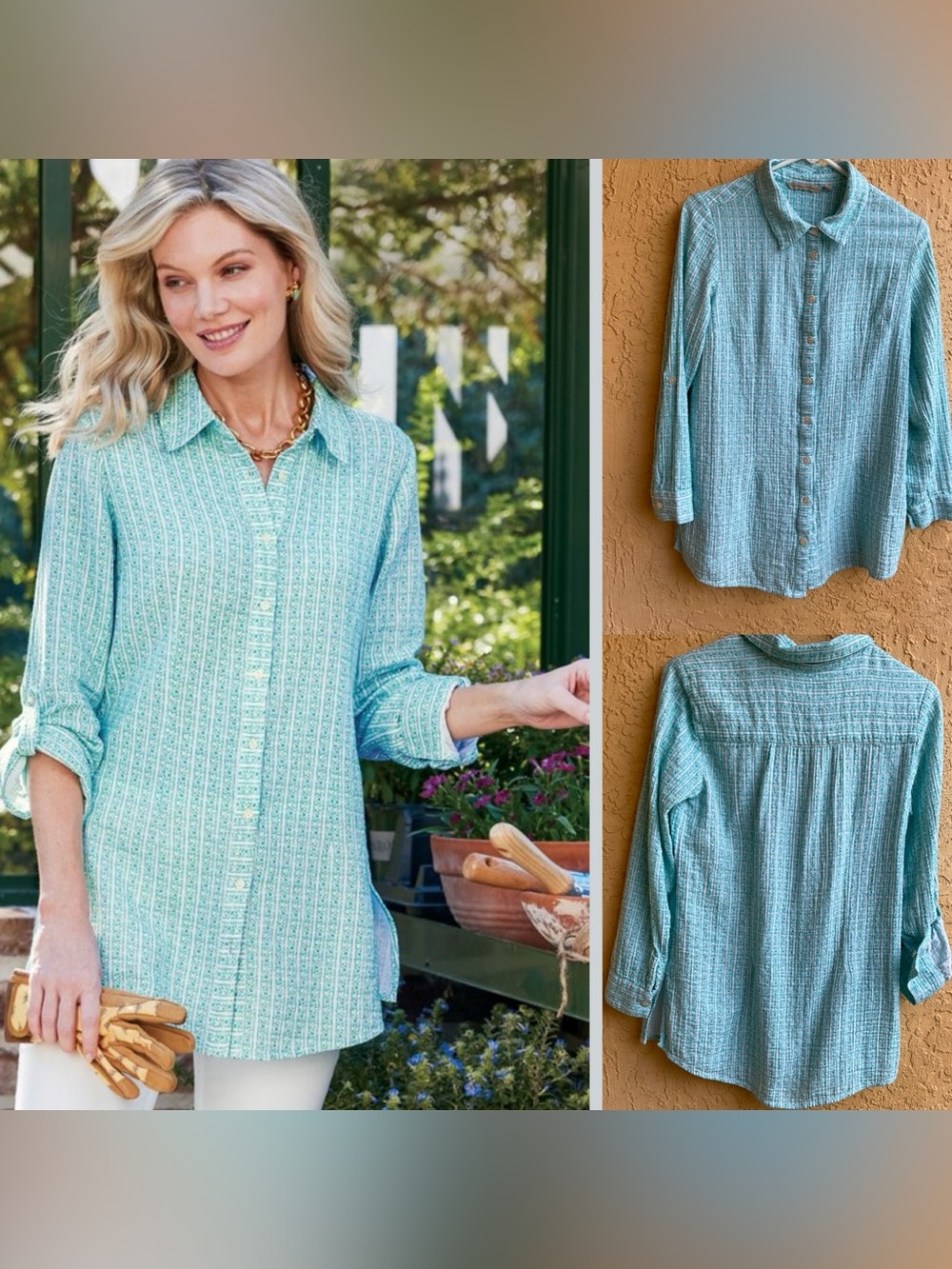 Soft Surroundings Lilou Gauze Turquoise and white‎ Tunic Top XS